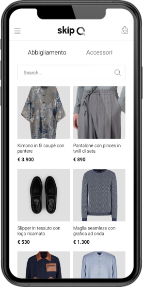 SkipQ mobile app showing product catalog